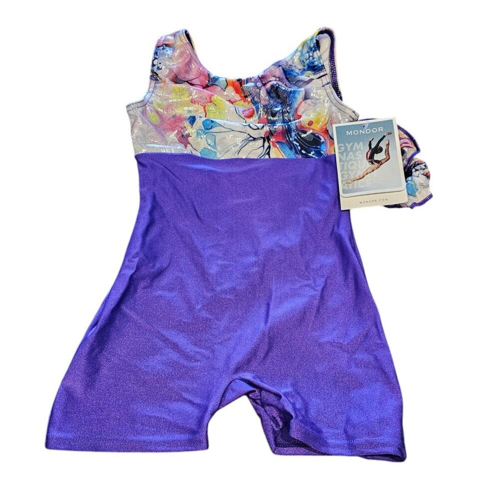 Mondor Gymnastics Girls Sz 4/6 Flower Power Purple Leotard/ Scrunchie NEW